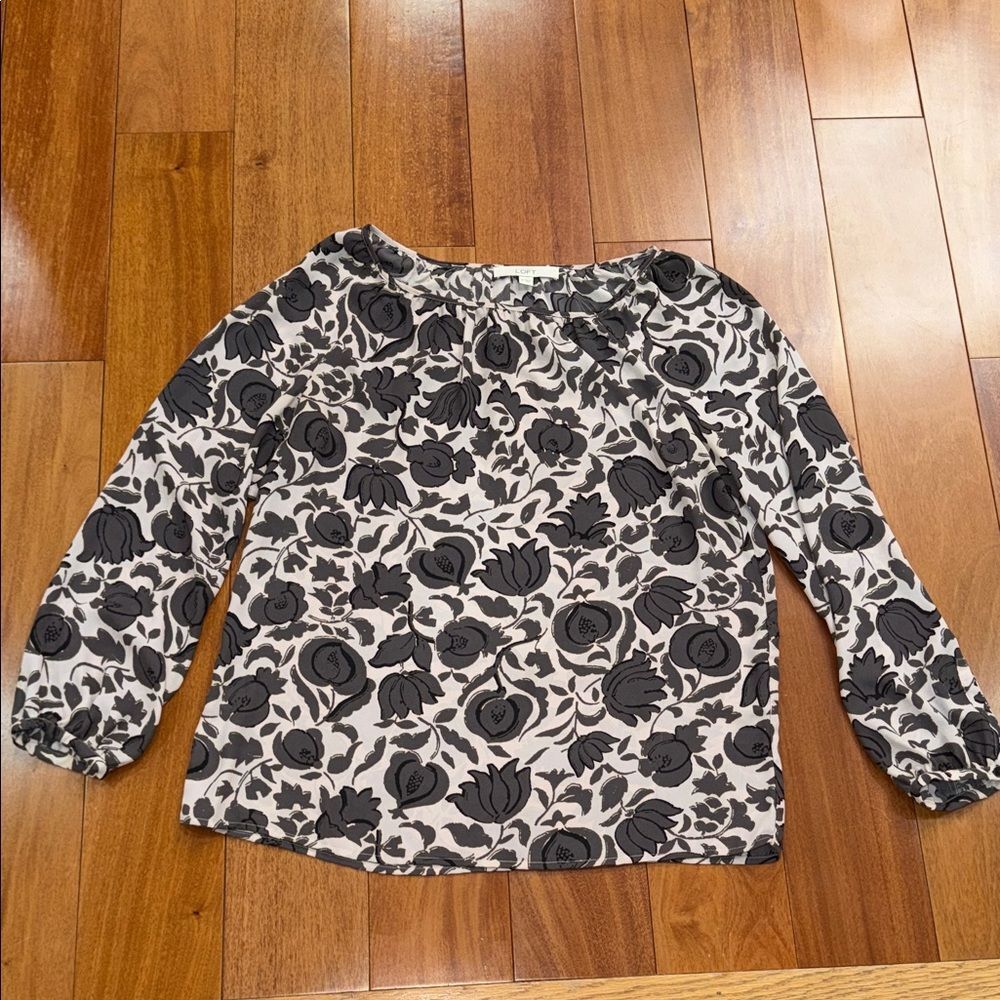 LOFT Women's pink & brown floral boat neck‎ long sleeve blouse Size M